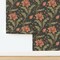 Green Pink Floral Vines Hand Drawn Moody Traditional Botanical Arts And Crafts Custom Pre-pasted Wallpaper by Spoonflower Pre-Pasted Wallpaper 2FT Wide